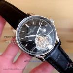 Perfect Replica Jaeger LeCoultre Black Moon-phase Tourbillon Dial Black Leather 43mm Watch 